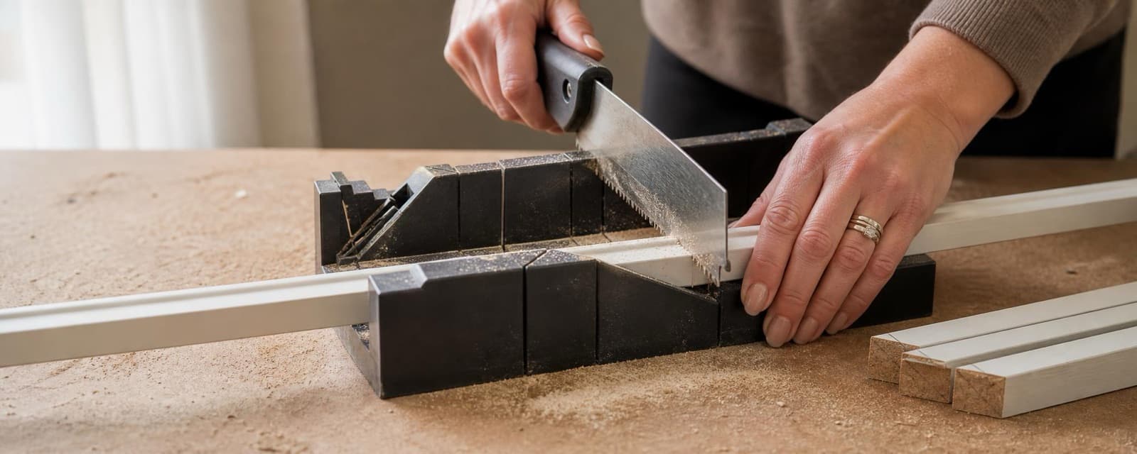 Hands cutting a strip of white MDF moulding in a mitre box on a workbench, with cut battens stacked beside it
