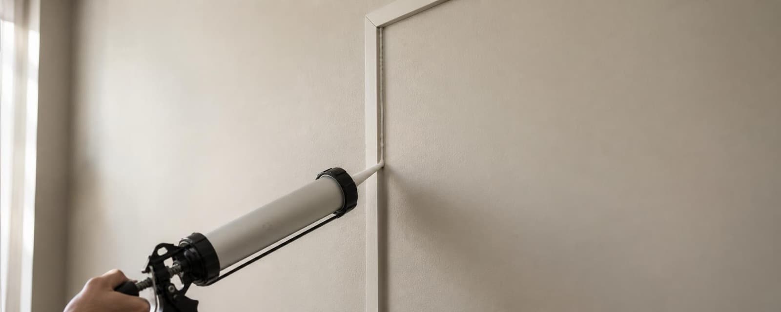 Caulk gun applying a bead of decorator's caulk along the edge of a wall panelling batten