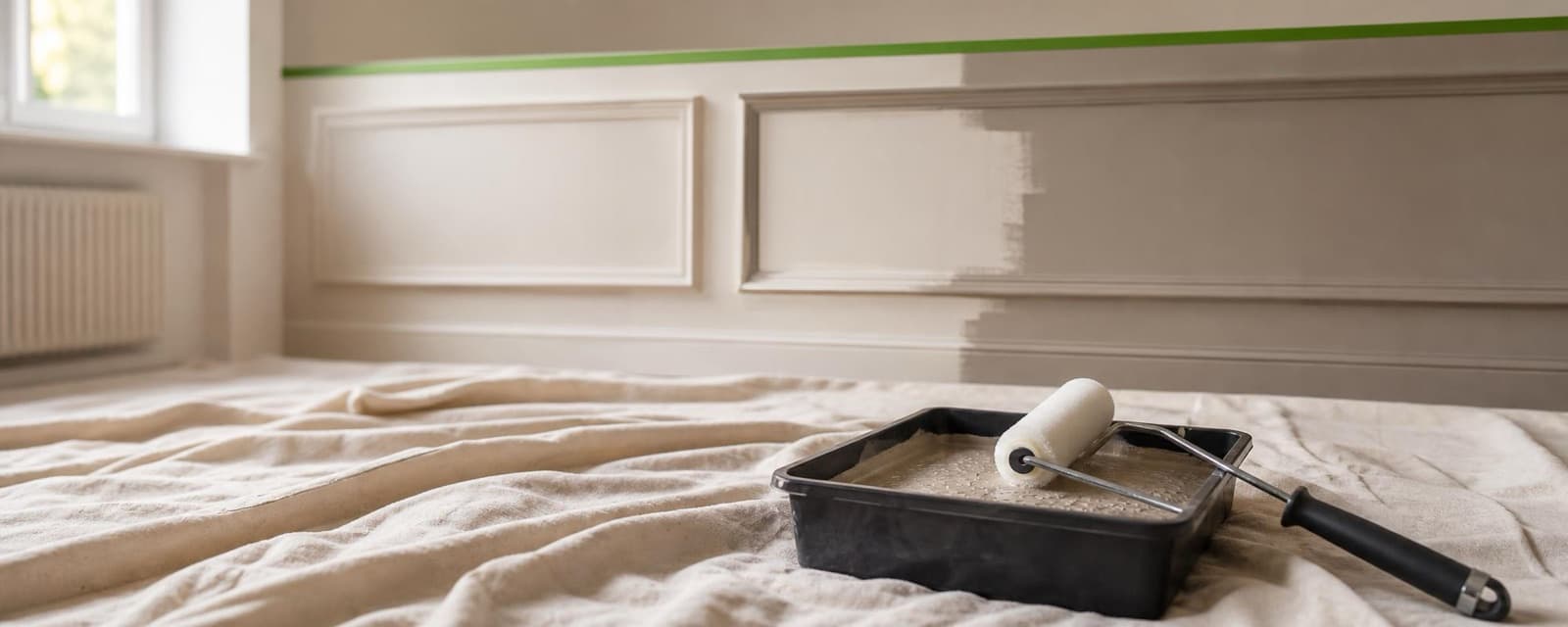 Paint roller tray on a cotton dust sheet in front of half-painted wall panelling with a masking tape line above