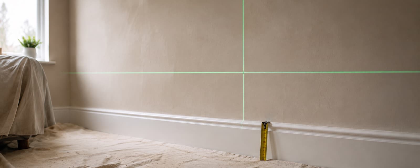Green laser level cross line projected on a bare plaster wall above white skirting, with a tape measure and dust sheet