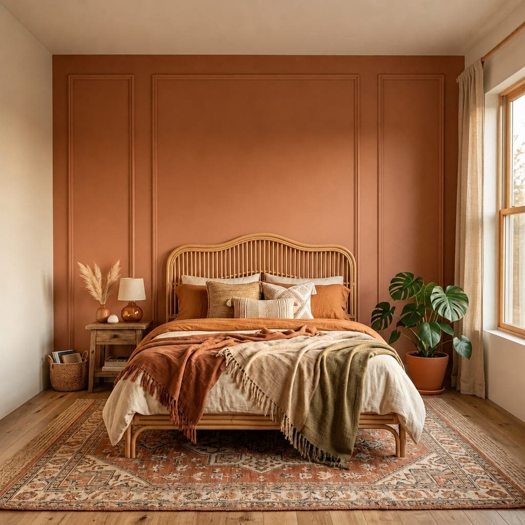 The same bedroom with a terracotta feature wall and tall minimal moulding frames