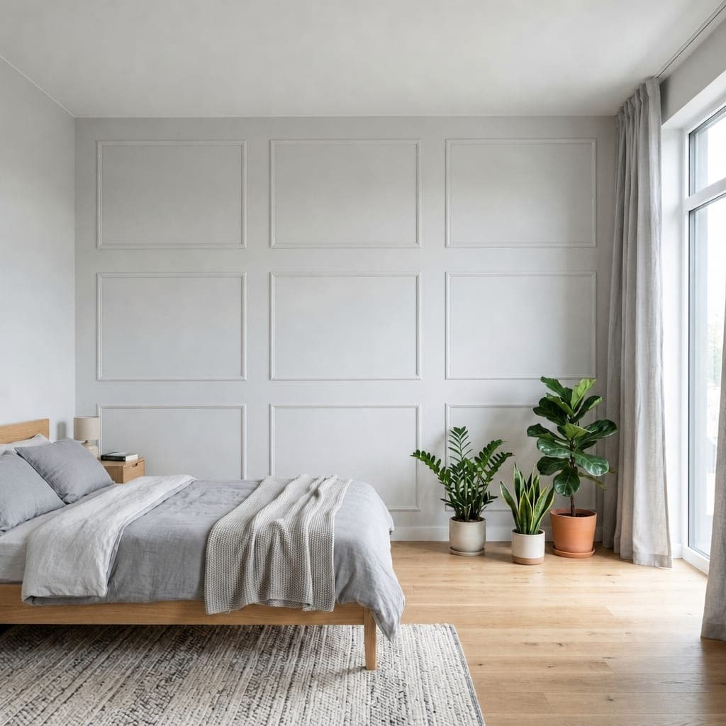 The same bedroom with a three by three grid of slim panels in pale grey