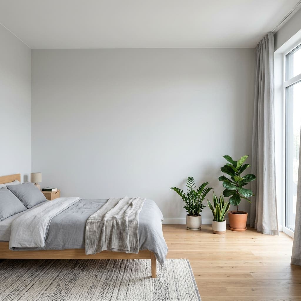 Light Scandi bedroom with a bare pale grey wall and oak floor
