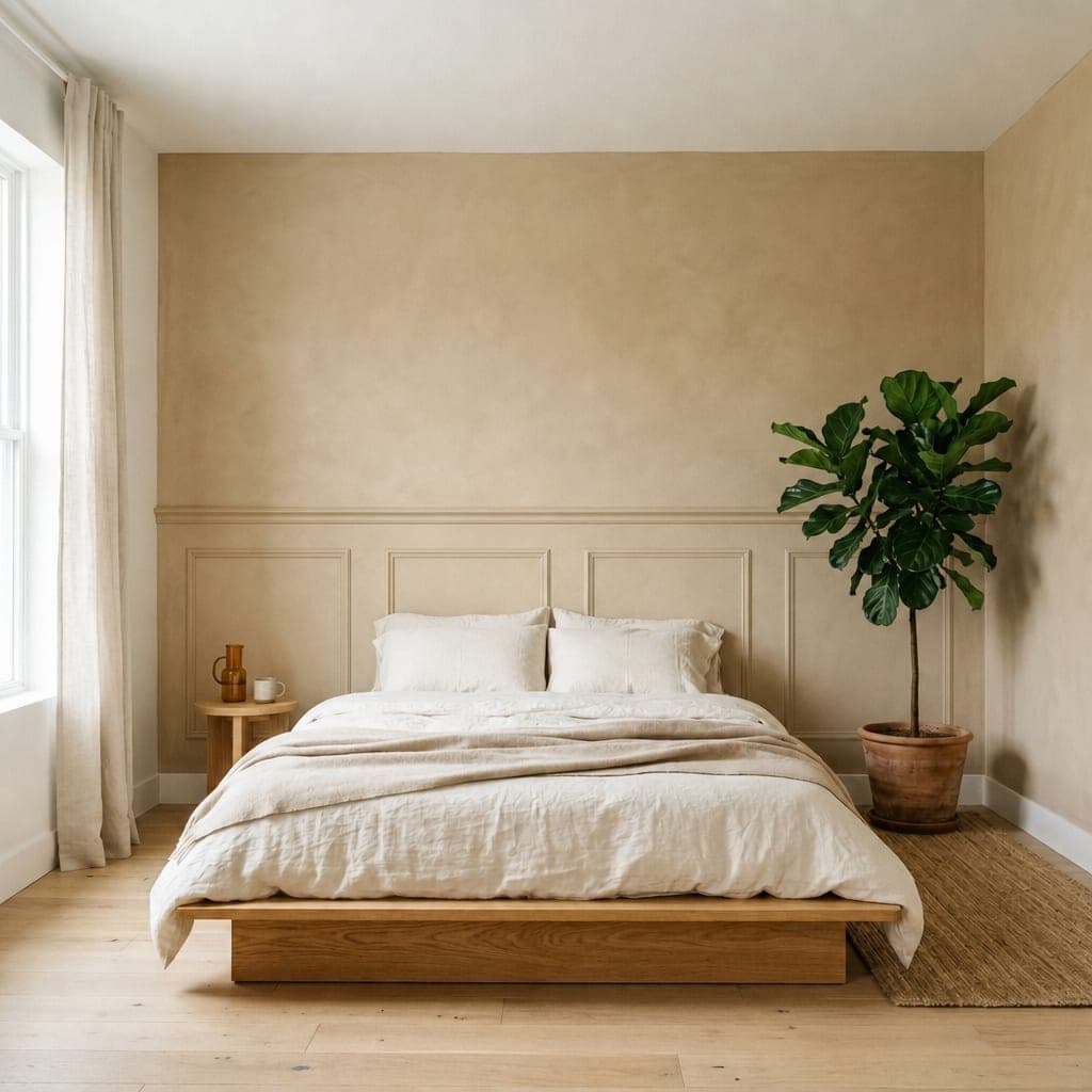 The same bedroom with low panelling to just above headboard height