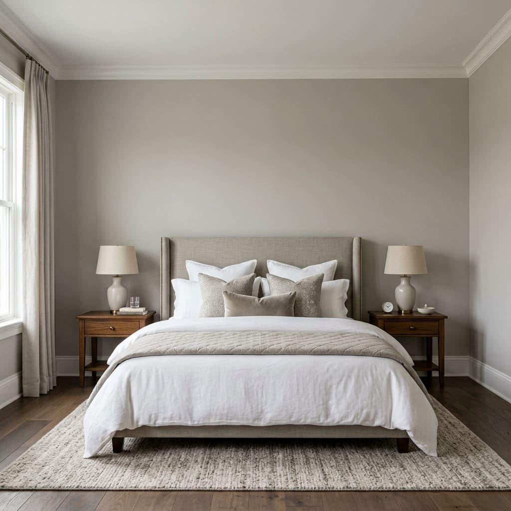 Bedroom with a bare pale grey wall behind an upholstered headboard