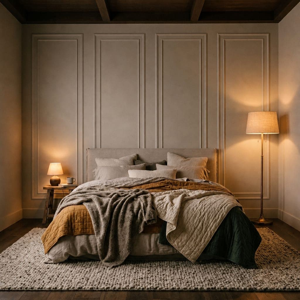 The same bedroom with four tall shaker panels in warm taupe behind the bed