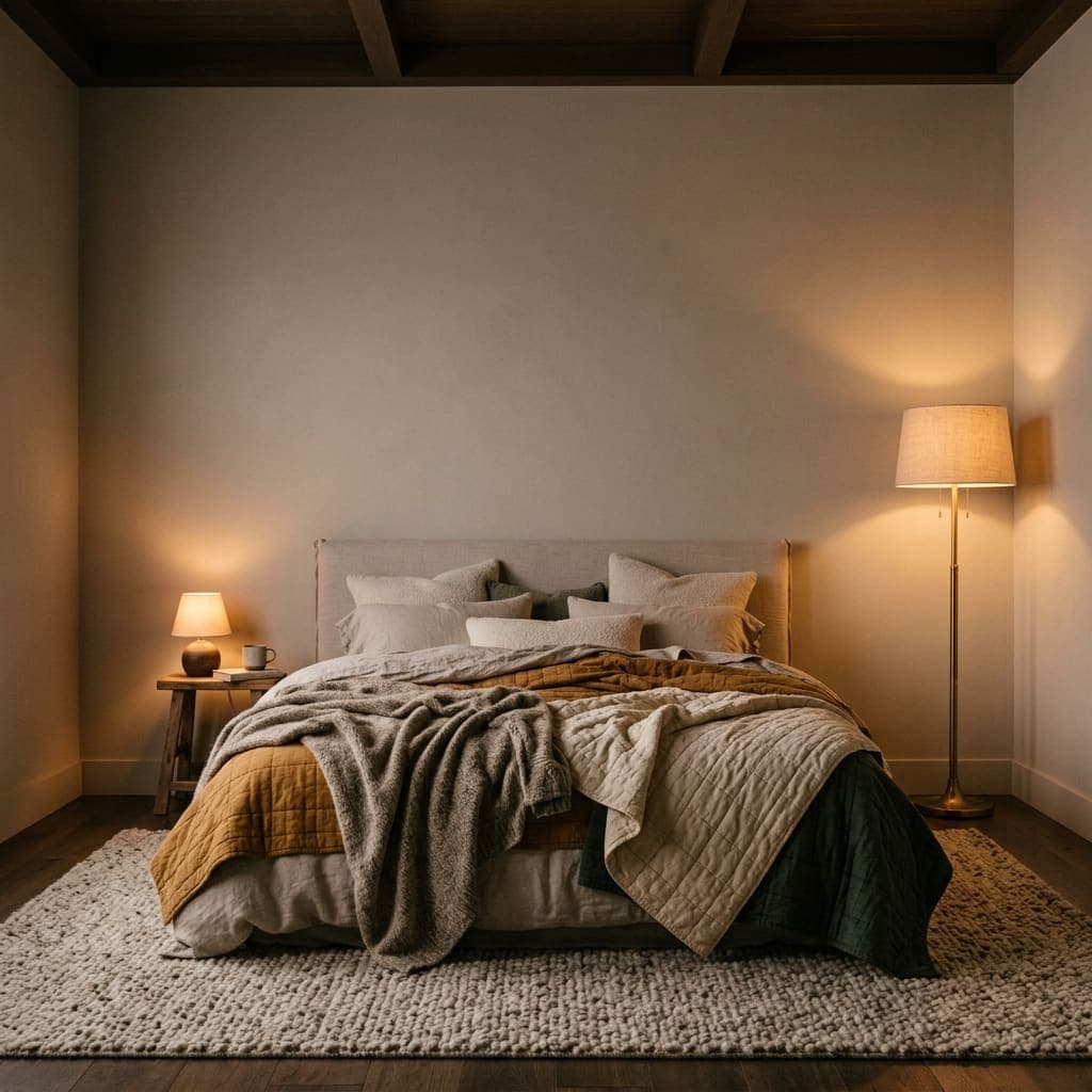 Bedroom with a bare taupe wall behind an upholstered bed