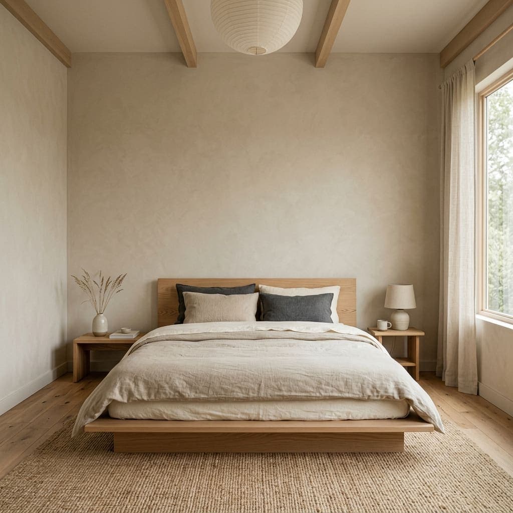 Calm bedroom with a bare limewashed wall and low oak bed